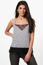 Boohoo Rebecca Lace Insert Knitted Cami Top Grey