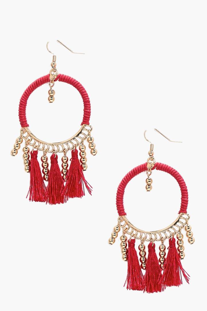 Boohoo Lucy Bead And Tassel Hoop Earring Red