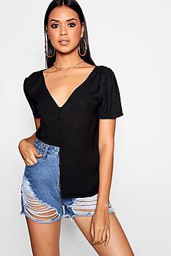 Boohoo Kaylee Puff Shoulder Button Detail Blouse