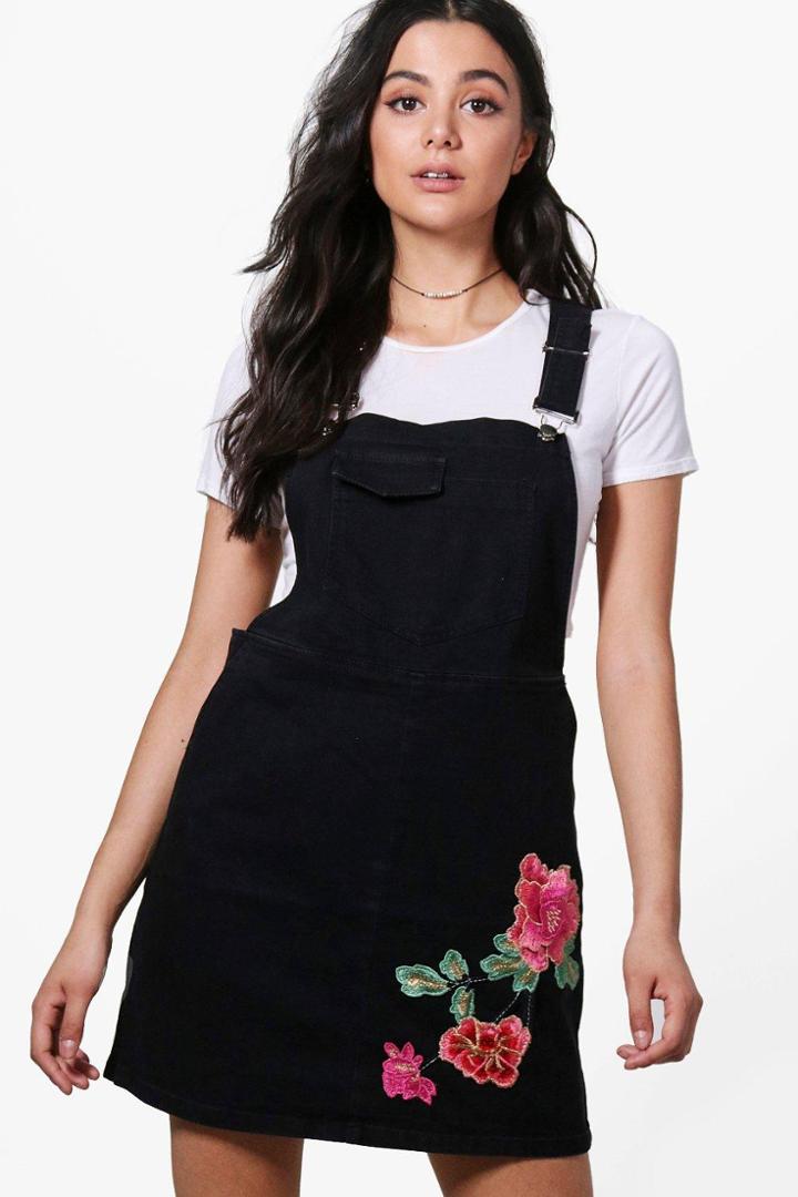 Boohoo Riva Embroidered Denim Pinafore Dress Black