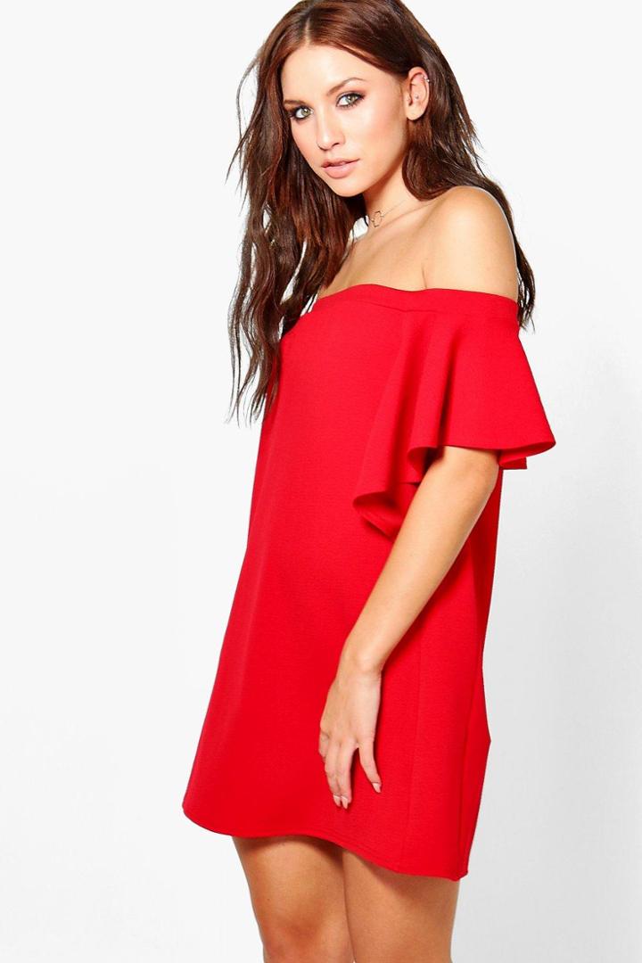 Boohoo Lucinda Frill Off Shoulder Shift Dress Red