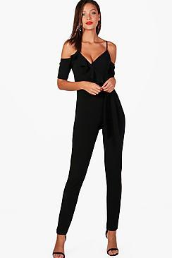 Boohoo Tall Zoe Ruffle Cold Shoulder Jumpsuit