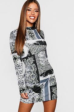 Boohoo Petite High Neck Long Sleeve Chain Print Mini Dress
