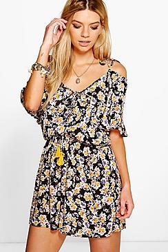 Boohoo Julia Floral Print Off The Shoulder Playsuit