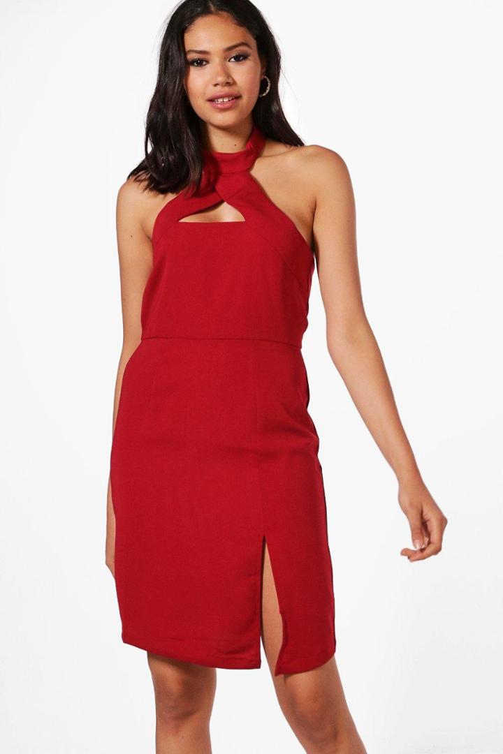 Boohoo Molly Choker Side Split Dress Wine