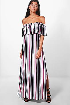 Boohoo Jess Off Shoulder Stripe Maxi Dress