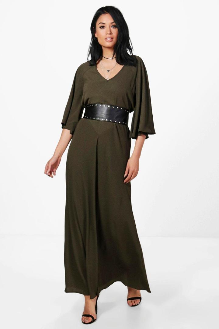 Boohoo Honest Angel Sleeve Column Maxi Dress Moss