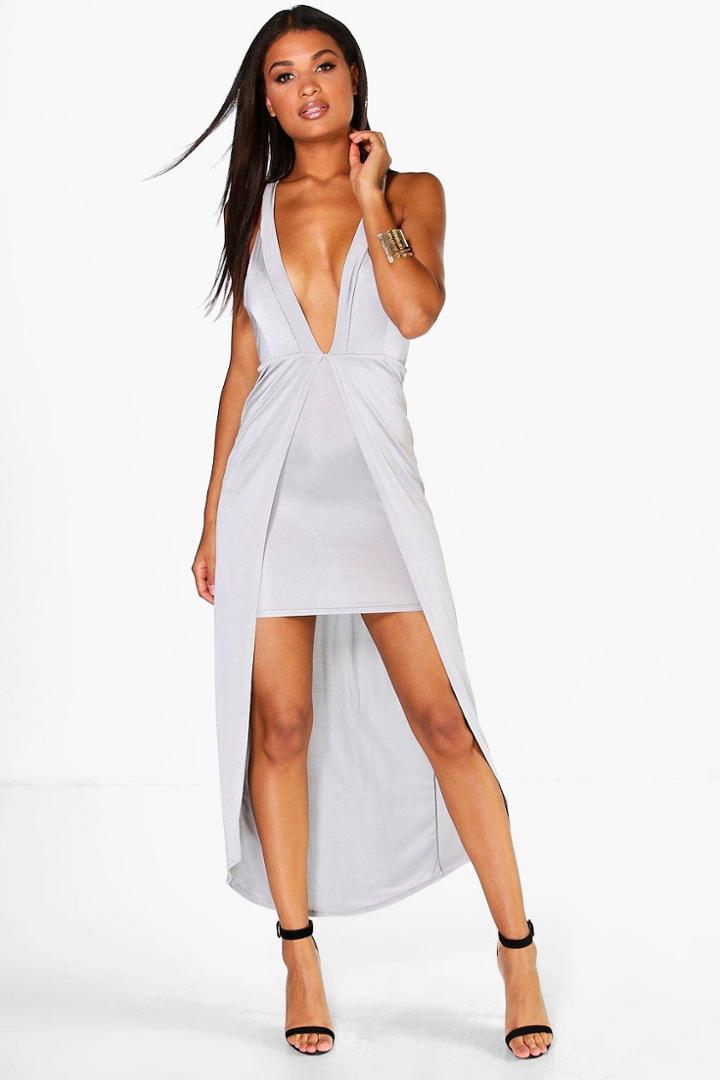 Boohoo Brianna Slinky Plunge Neck Maxi Dress Grey