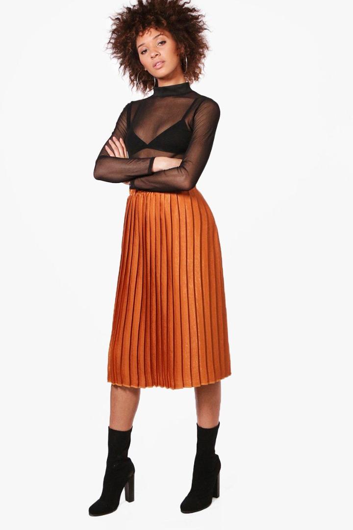 Boohoo Premium Aura Satin Pleated Midi Skirt Ochre