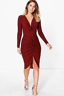 Boohoo Carmen Long Sleeved Cowl Neck Midi Dress