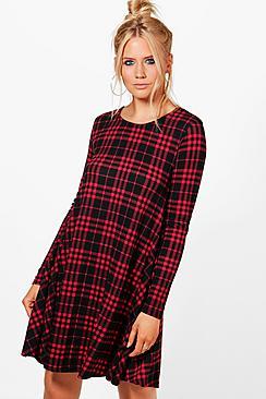 Boohoo Julia Checked Brushed Knit Swing Dress