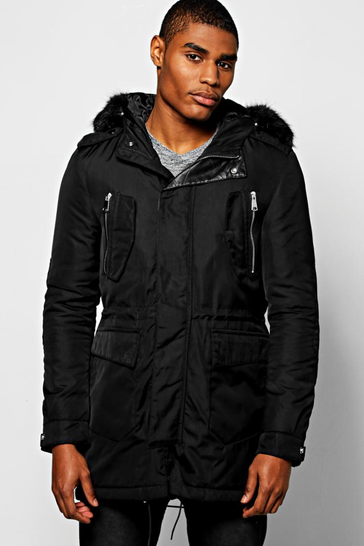 Boohoo Multi Pocket Parka With Faux Fur Hood Black