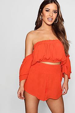 Boohoo Petite Lola Shirred Detail Short & Bardot Crop Top Co-ord