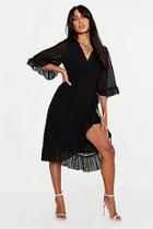 Boohoo Dobby Chiffon Wide Sleeve Midi Wrap Dress