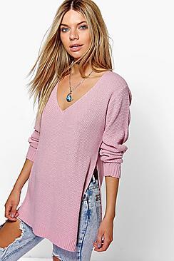 Boohoo V Neck Side Split Tunic Jumper