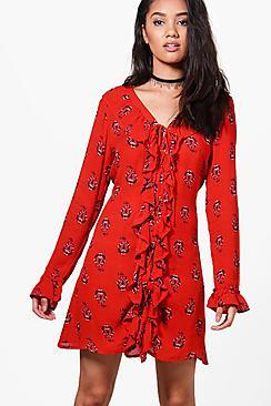 Boohoo Petite Tiffany Frill Detail Floral Swing Dress