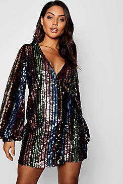 Boohoo Rainbow Sequin Blouson Sleeve Wrap Dress
