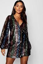 Boohoo Rainbow Sequin Blouson Sleeve Wrap Dress