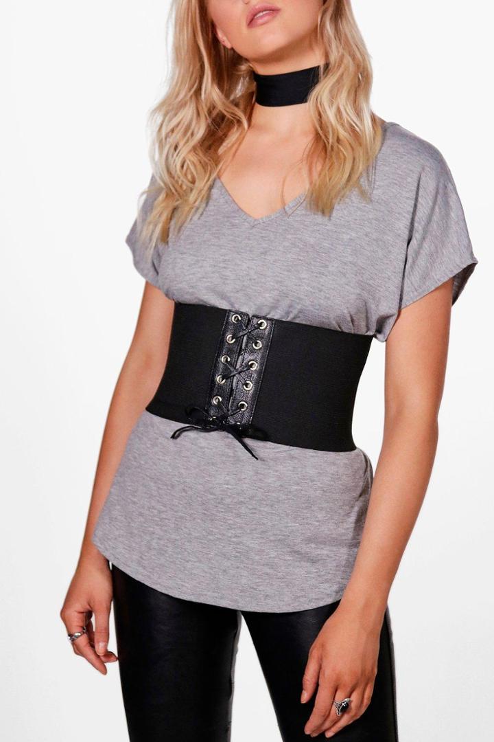 Boohoo Hannah Lace Up Stretch Corset Belt Black