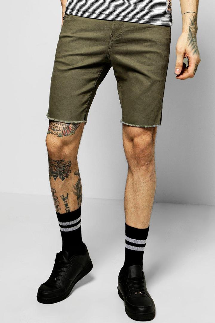 Boohoo Skinny Stretch Denim Shorts With Raw Hem Khaki