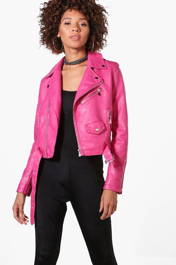 Boohoo Maria Crop Leather Look Biker Jacket Fuchsia