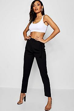 Boohoo Cropped Tie Waist Slim Fit Trousers