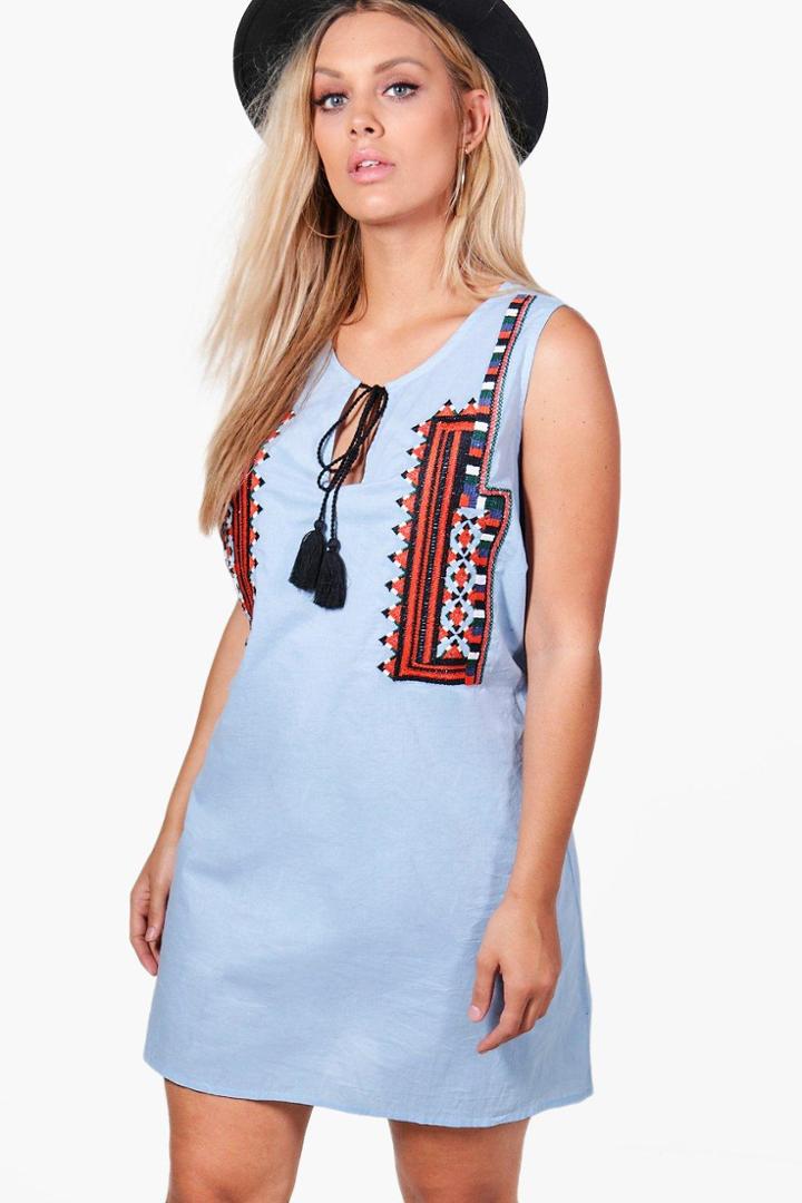 Boohoo Plus Lydia Aztec Embroidered Shift Dress Blue