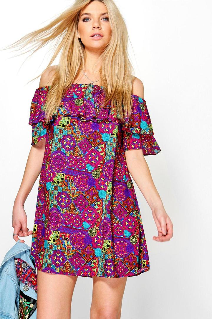 Boohoo Kate Off Shoulder Ruffle Shift Dress Multi