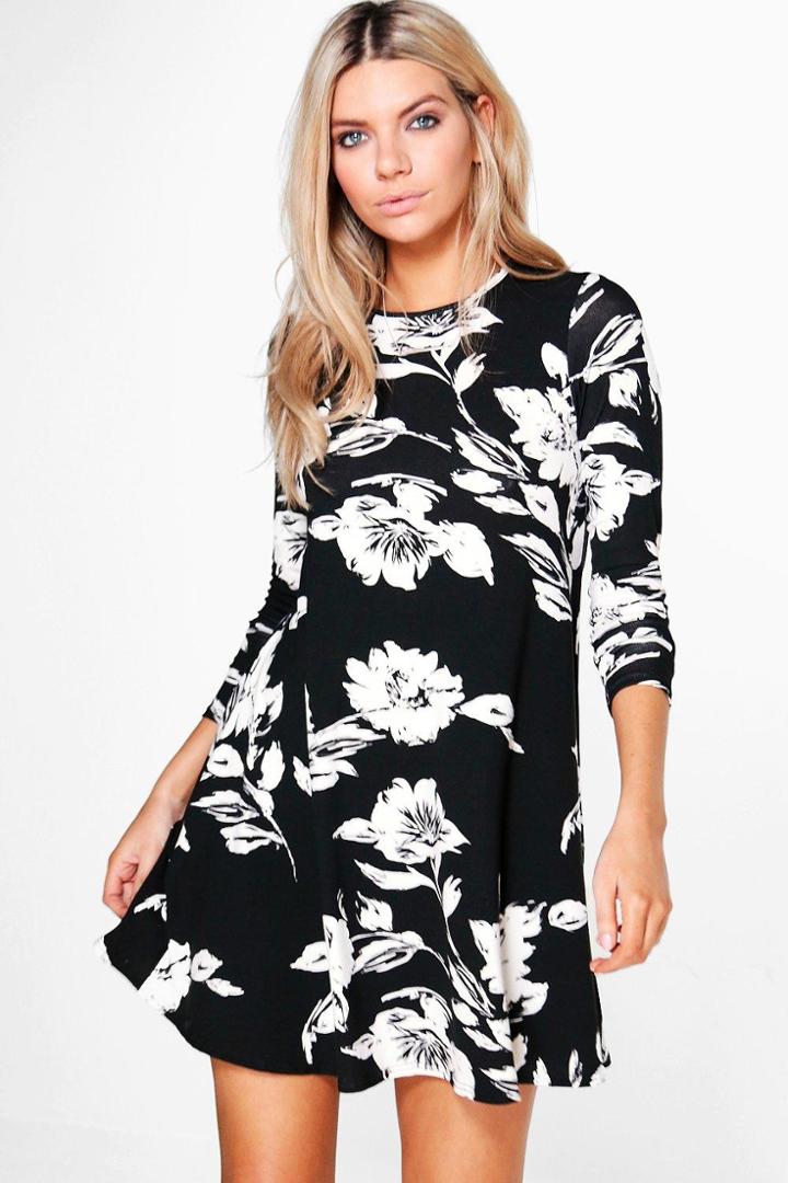 Boohoo Marielle Floral Long Sleeved Swing Dress Black