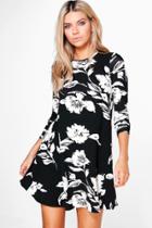 Boohoo Marielle Floral Long Sleeved Swing Dress Black