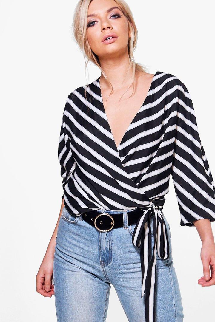 Boohoo Olivia Stripe Woven Wrap Front Blouse Multi