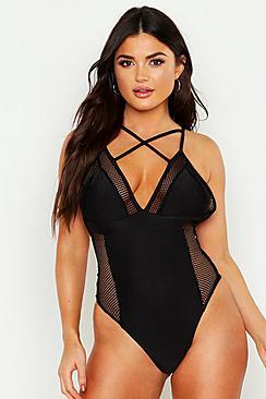 Boohoo Mesh Cross Front Swimsuit