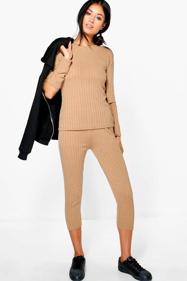 Boohoo Megan Slash Elbow & Crop Legging Loungewear Set Camel