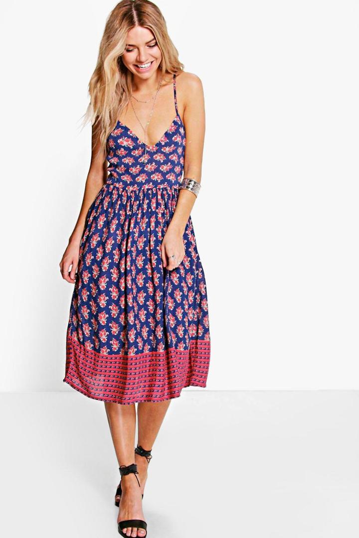 Boohoo Prisha Ditsy Tie Back Midi Dress Blue