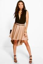 Boohoo Amelle Dipped Hem Full Leather Look Midi Skirt Stone