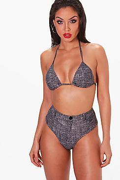 Boohoo Hvar Denim Print High Waisted Bikini