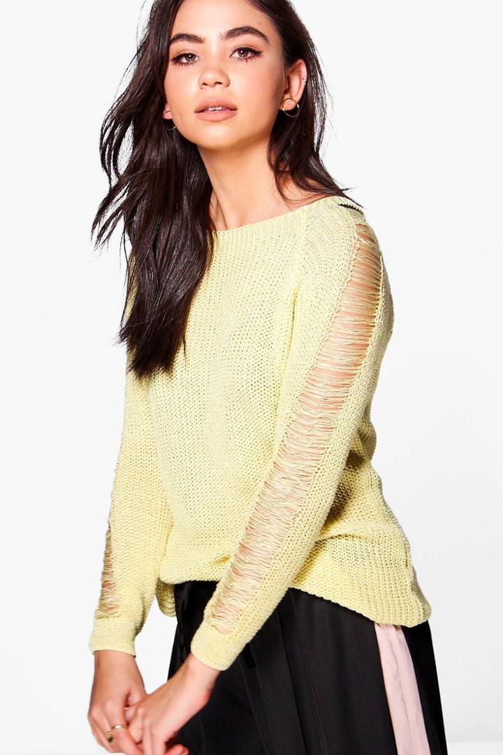 Boohoo Freya Distressed Sleeve Jumper Yellow
