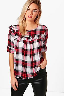 Boohoo Harriet Check Ruffle Blouse