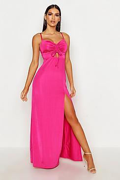 Boohoo Strappy Rouche Front Split Maxi Dress