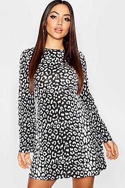 Boohoo Animal Print Flared Sleeve Skater Dress