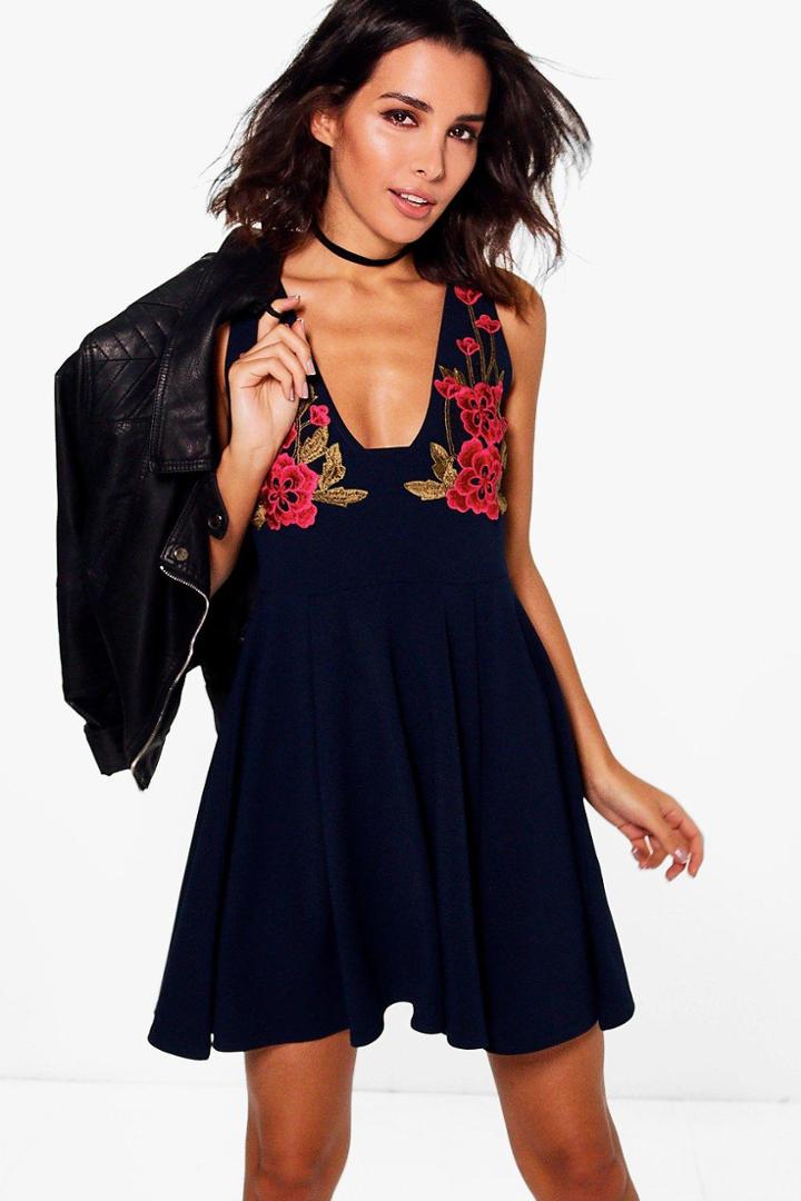 Boohoo Mabel Floral Embroidered Skater Dress Navy