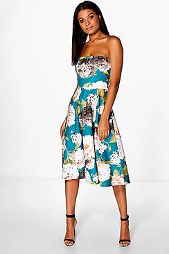 Boohoo Rita Floral Dip Hem Midi Skater Dress