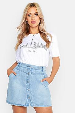 Boohoo Plus Yoke Front Button Through Denim Skirt