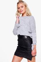 Boohoo Laura Tie Sleeve Batwing Crop Knit Top Grey