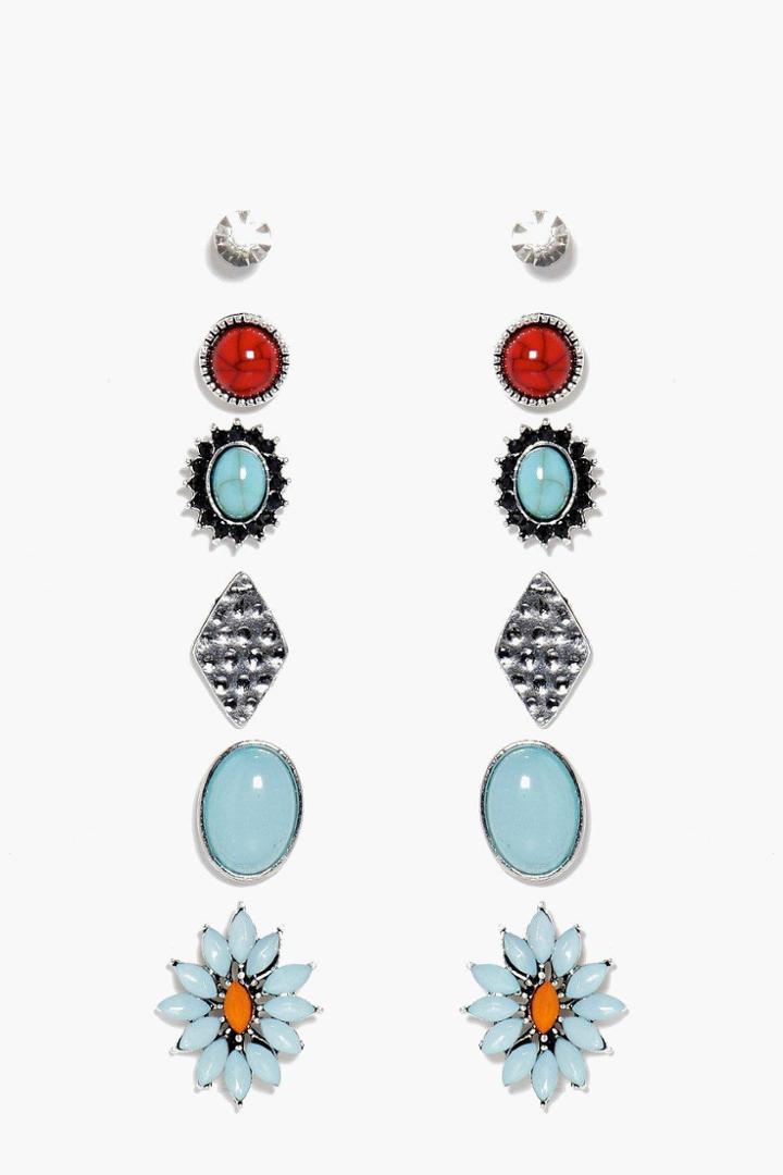 Boohoo Frances Turquoise Floral Stud Earring Set Silver
