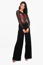Boohoo Lucie Embroidered Mesh Body & Wide Trouser Co-ord Black
