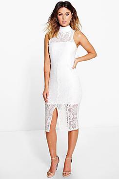 Boohoo Raquel Lace High Neck Front Split Midi Dress