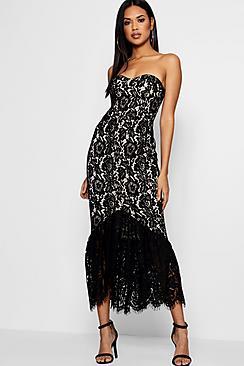 Boohoo Jas Lace Bandeau Ruffle Hem Midi Dress