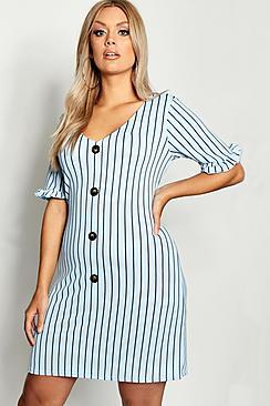 Boohoo Plus Stripe Frill Sleeve Horn Button Shift Dress