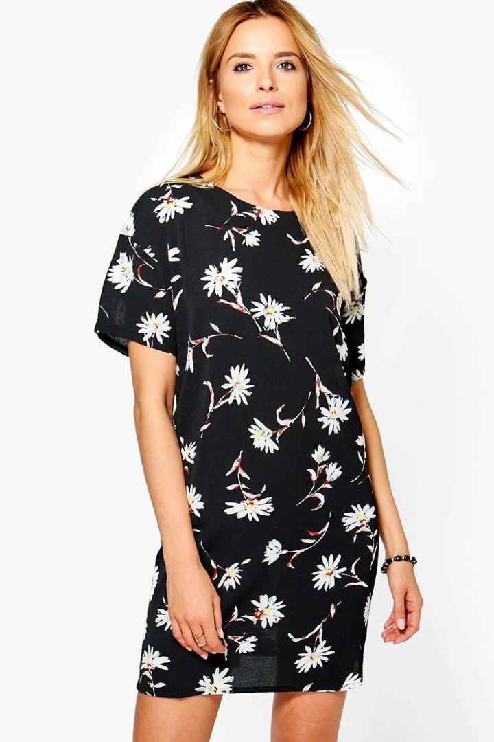 Boohoo Victoria Floral Printed Shift Dress Black